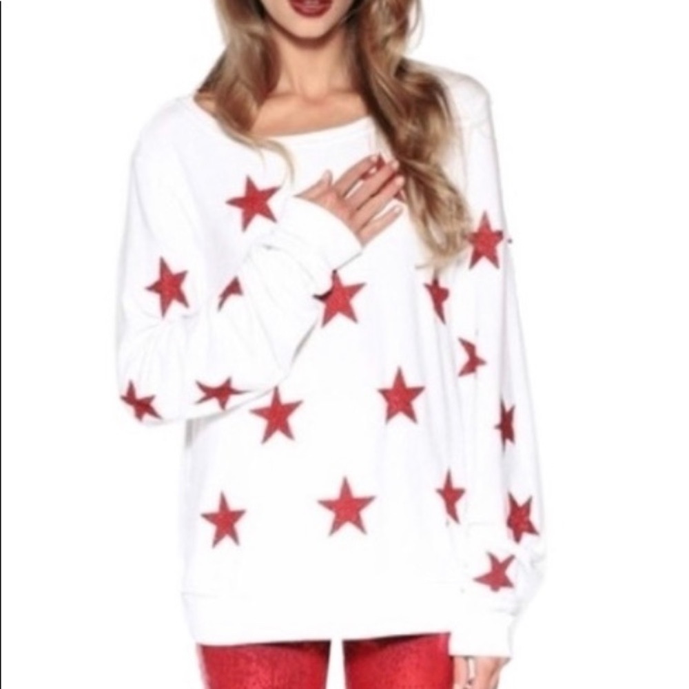 WILDFOX Red Glitter Star Baggy Long Sleeve